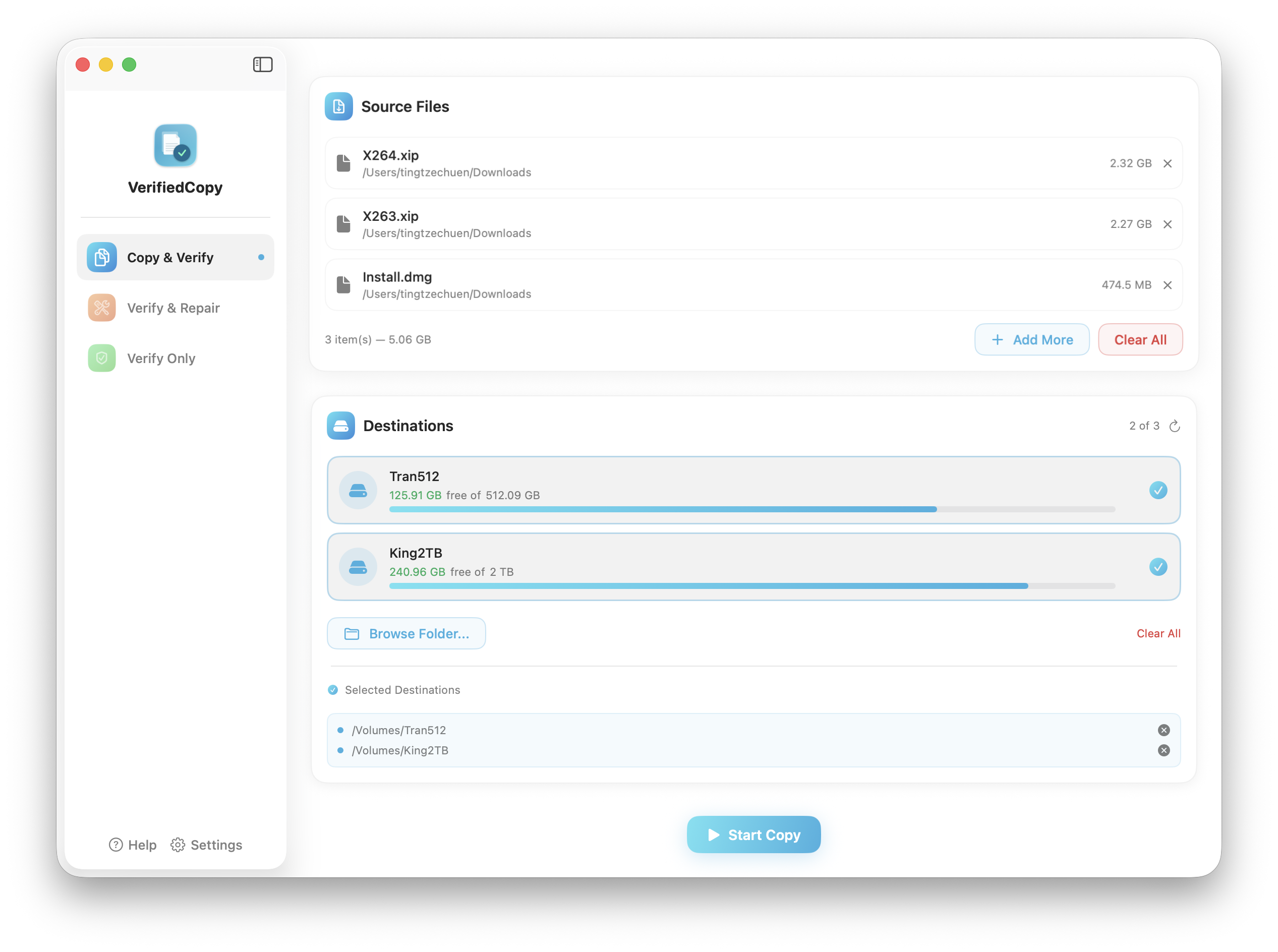 VerifiedCopy — select source files and destinations